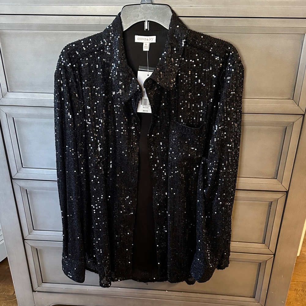 NWT Crown & Ivy Black Sequin Button-Up Shirt